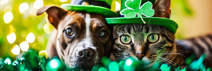 St. Patrick's Day image of a puppy and kitten in green hats - obrazy, fototapety, plakaty