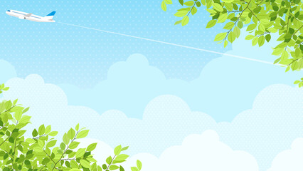 新緑と青空の中を飛ぶ飛行機　背景素材（横向き16:9） © Katie（カチエ）