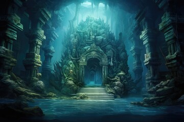 Hidden Underwater Temple: A mysterious temple covered in marine life. - obrazy, fototapety, plakaty