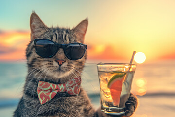 happy cat with sunglass and bow tie hold coctail on sunset party beach - obrazy, fototapety, plakaty