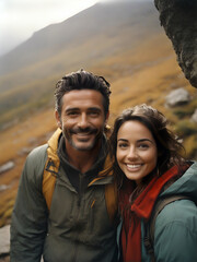 A young couple enjoying vacation in the mountains