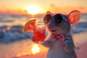 happy mouse with sunglass and bow tie hold coctail on sunset party beach - obrazy, fototapety, plakaty