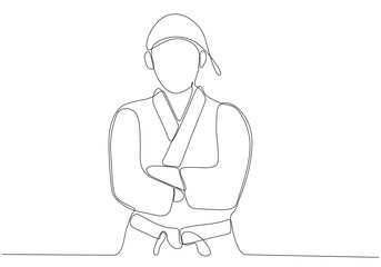 Single line drawing of sporty young karateka woman in fighting uniform with belt exercising martial arts in gym vector illustration. Healthy sports lifestyle concept. Modern continuous line drawing
