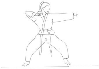 Fototapeta premium Single line drawing of sporty young karateka woman in fighting uniform with belt exercising martial arts in gym vector illustration. Healthy sports lifestyle concept. Modern continuous line drawing