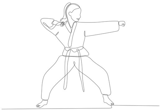recommend clip art: Single line drawing of sporty young karateka woman in fighting uniform with belt exercising martial arts in gym vector illustration. Healthy sports lifestyle concept. Modern continuous line drawing