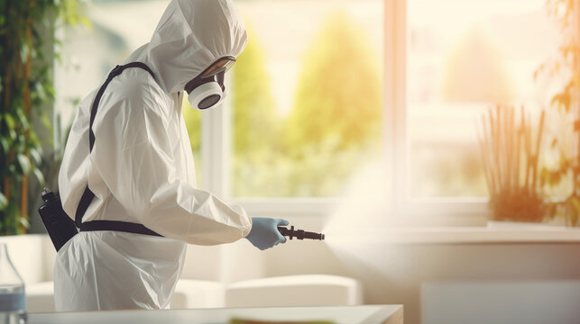 Man in protective suit and face mask spraying for disinfection