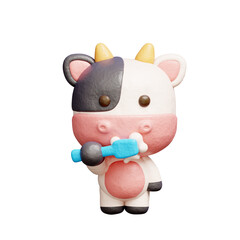 3D cute cow brushing teeth, Cartoon animal character, 3D rendering.
