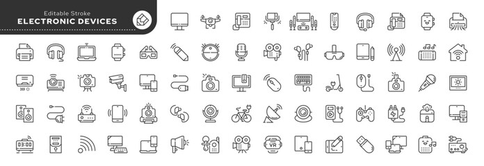 Set of line icons in linear style. Set - Electronic devices, mobile device, gadgets. Computer, laptop, phone, tablet, watch, speaker and technology. Outline icon collection.Pictogram and infographic.  - obrazy, fototapety, plakaty