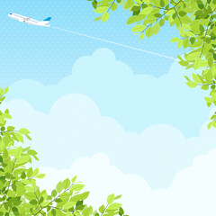 新緑と青空の中を飛ぶ飛行機　背景素材（正方形）