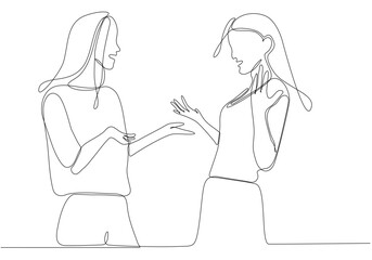 Single continuous line image of two young female workers chatting casually during office break. Having small talk at work one line concept drawing graphic design vector illustration