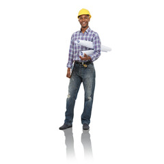 Engineering, architecture and portrait of black man with blueprint on a png, isolated and transparent background. Construction worker, paperwork and worker for building, inspection and maintenance