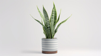 A digital 3D snake plant with tall variegated leaves against white background