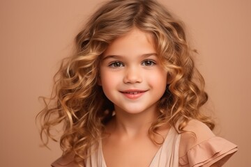 Portrait of a beautiful little girl with curly hair over beige background