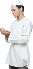 asian muslim man with praying hand gesture. holding palm face up. People religious Islam lifestyle concept. celebration Ramadan and ied Mubarak. on isolated background.