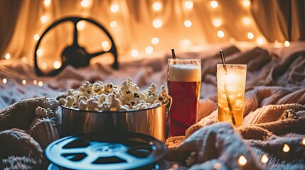 Image of a cozy movie night setup with a movie reel, a tub of popcorn, and a couple of fizzy drinks on a soft blanket - obrazy, fototapety, plakaty