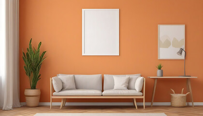 Fototapeta na wymiar Picture-mockup-with-white-vertical-frame-on-orange-wall--Stylish-interior-with-decor-and-wooden-cupboard-and-blanket-picture--Poster-mockup--Minimalist-modern-interior-design--3D-illustration