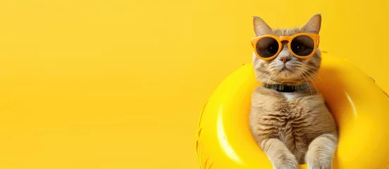 Tuinposter animal cat and dog summer holiday. Inflatable swim ring © Daunhijauxx