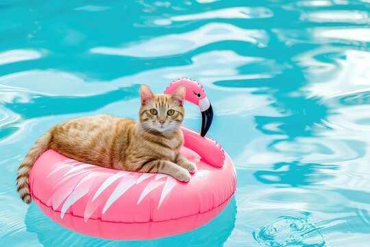cat swimming in the pool water using Inflatable swim ring