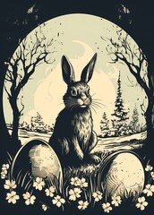 vintage easter bunny with eggs drawing in dark black detective style