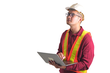Young asian handsome engineer in white helmet posing with laptop at isolated on transparent...