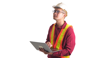 Young asian handsome engineer in white helmet posing with laptop at isolated on transparent background.