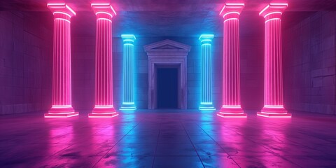 Ancient Greek style pillar three podiums and door on blue pink violet neon,ultraviolet light, night club empty room interior, tunnel or corridor, glowing panels