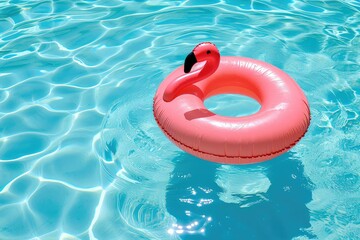 flamingo shaped inflatable ring placing on pool water