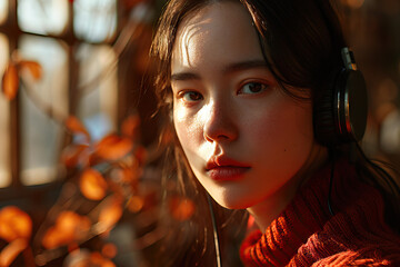 A contemplative young woman with headphones in autumn light