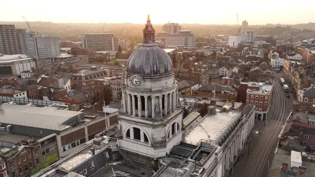 Aerial drone view over Nottingham Town city centre, Council House, Old Market Square, Nottingham, Nottinghamshire, England, United Kingdom, Europe