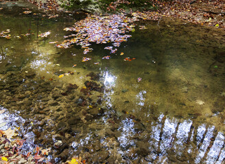 the beginning of a mountain river , a slow flow in a shallow riverbed