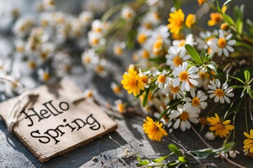 A charming 'Hello Spring' sign amidst a burst of vibrant springtime flowers