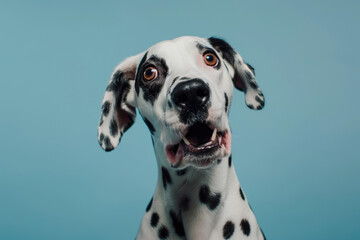 Studio portrait of a dalmatian dog with a surprised face isolated on blue background