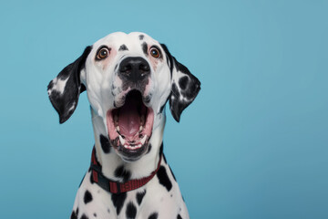 Studio portrait of a dalmatian dog with a surprised face isolated on blue background