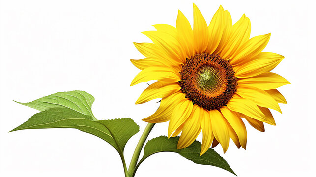 sunflower plant in 3D with bright yellow petals and brown center rendered with photorealistic detail
