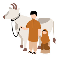 Father and his daughter illustration with qurban animal eid al adha 