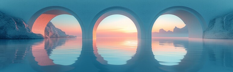 3d render,abstract zen seascape background.new world,calm water and pastel gradient sky.Futuristic minimalist wallpaper.
