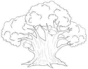 Black and white line drawing of a large tree