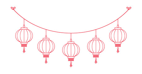 Chinese Lantern Hanging Garland Outline Doodle, Lunar New Year and Mid-Autumn Festival Decoration Graphic