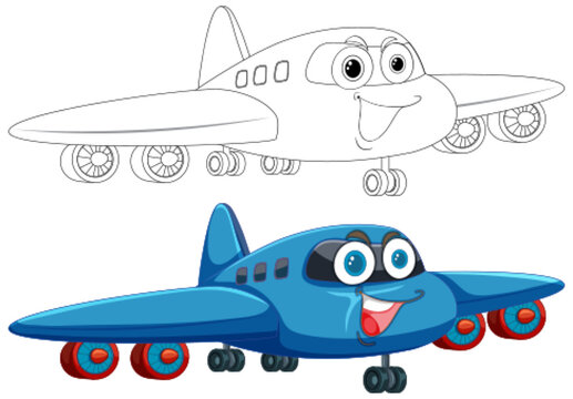 Colorful and outlined cartoon airplanes with smiling faces