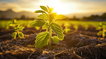 A sprout of barley in a craft beer hop yard, with the setting sun promising a sustainable brew