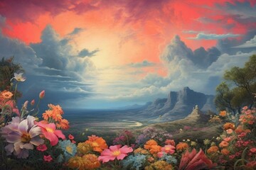 A painting portraying a scenic sky adorned with clouds and flowers in the foreground. Generative AI