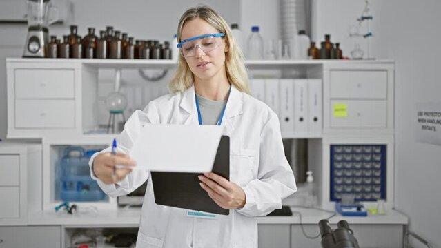 A focused blonde woman scientist analyzing documents in a well-equipped laboratory setting
