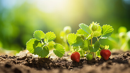 Young strawberry plants flowering under bright midday sun potential fruit promise natural sweetness - obrazy, fototapety, plakaty