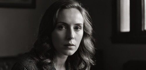  a black and white photo of a woman looking off to the side with a serious look on her face and shoulder.