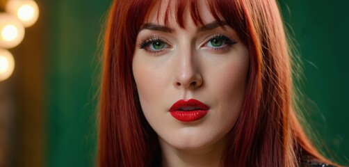  a close up of a woman with red hair and green eyes with a red lipstick on her lips and a green background.