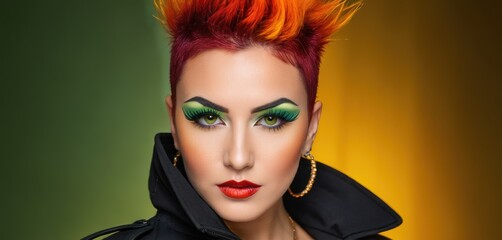  a woman with bright red hair and green eyeshades wearing a black jacket and green and orange eyeliners.