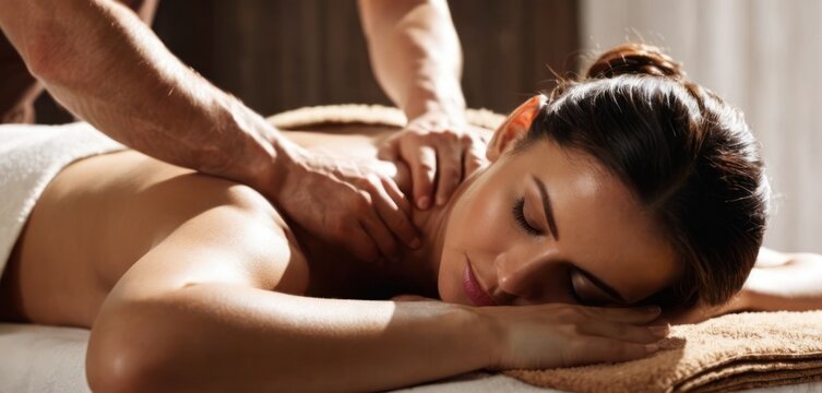  a woman getting a back massage from a man in a spa room with a towel on the back of her head.