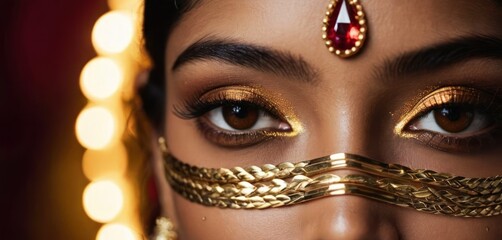  a close up of a woman's face with a gold and red eyeliner and a gold chain around her eyes.