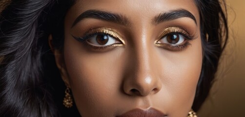  a close - up of a woman's face with a gold make - up and a pair of earrings.