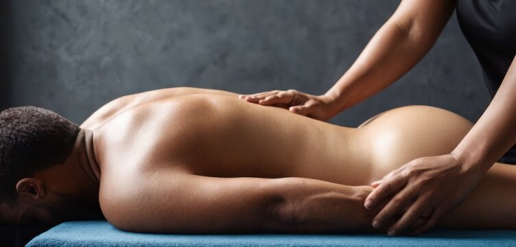  a man getting a back massage with his hands on the back of the man's body and a woman's arm behind him.